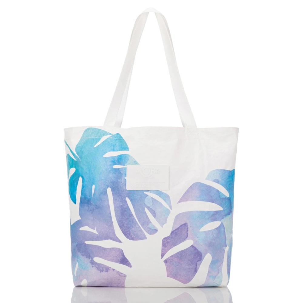 ALOHA Collection White Tote with Blue and Purple Leaf Print
